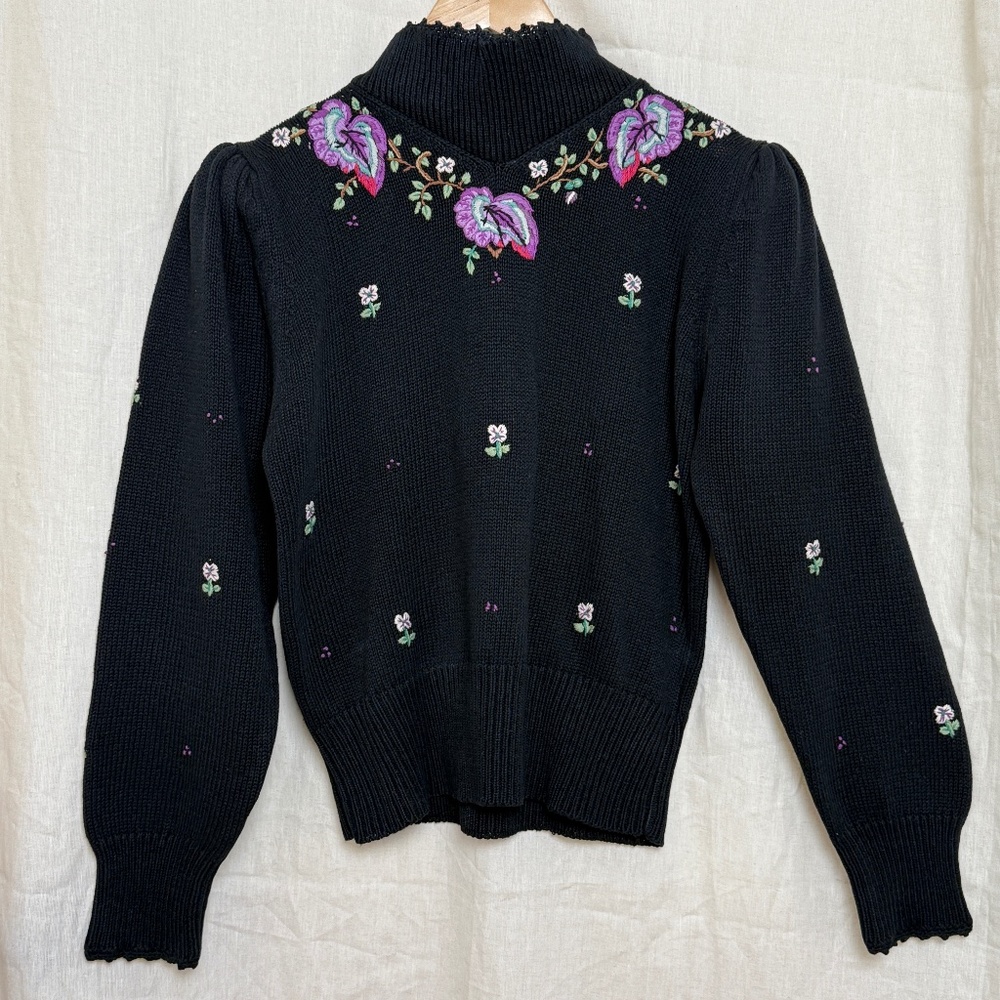 Vintage Herman Geist Medium Sweater Embroidered Floral Knit
